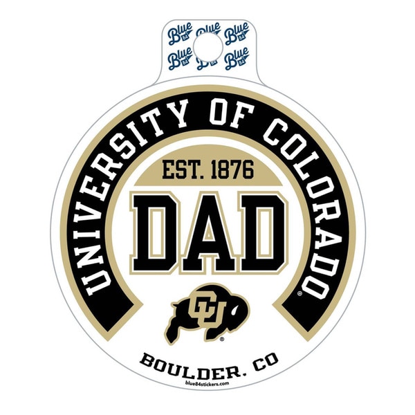Circle shaped sticker with "University of Colorado" arched over large bolded "Dad" with "est. 1876" in-between and the CU buffalo logo below.
